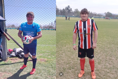 Maine con las camisetas que representará en  2025: Argentino de Pico Truncado y Unión de Comodoro Rivadavia. 