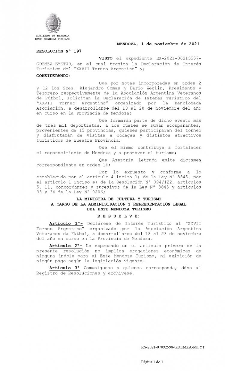 Torneo Argentino Mendoza 2021, declarado “De Interés Turístico”