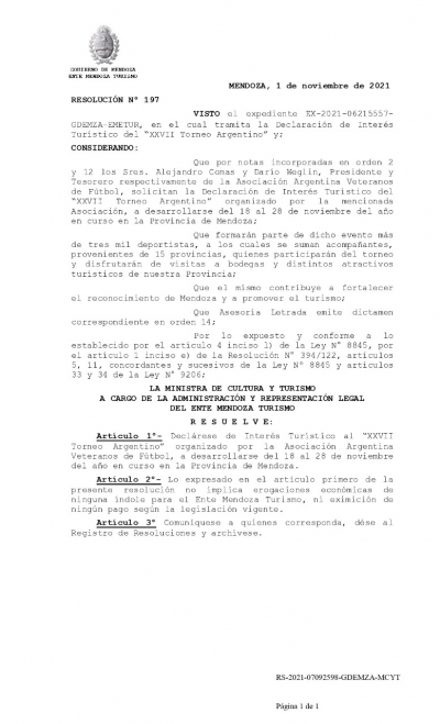 Torneo Argentino Mendoza 2021, declarado “De Interés Turístico”